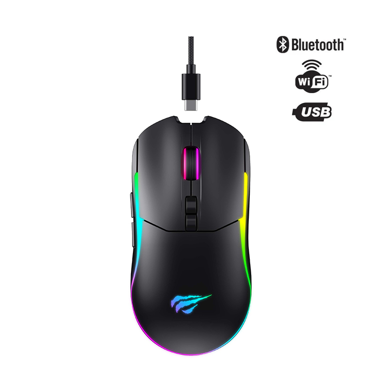 Havit MS1020WB Tri-Mode Gaming Mouse Wireless 2.4GHz+Blutooth 5.0+Wired, RGB Backlit Optical 10000DPI Lightweight Program Gaming Mouse_Black